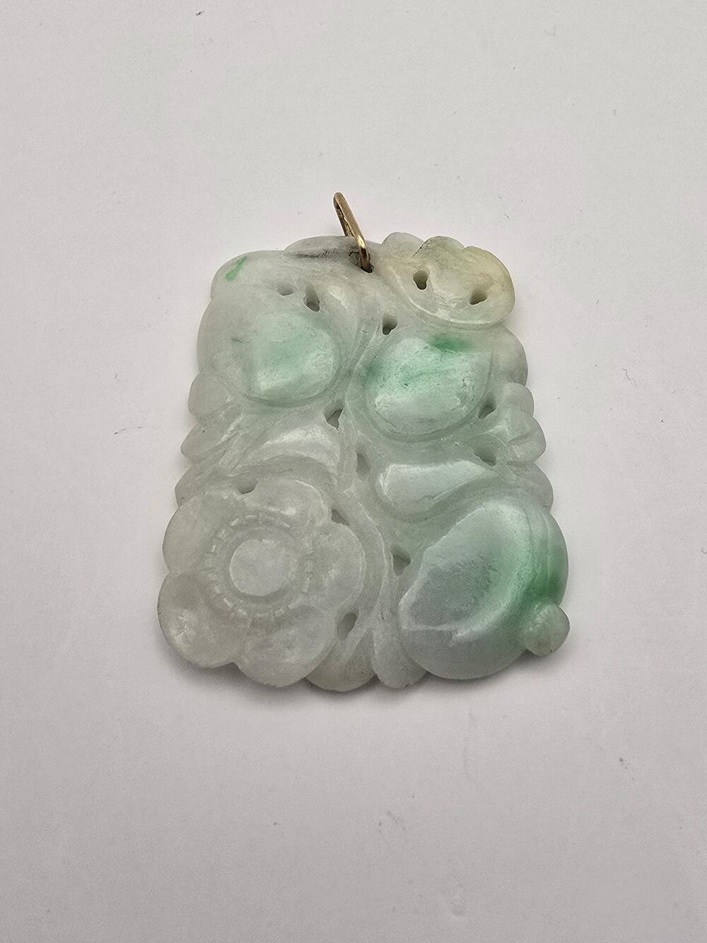 Vintage Chinese Carved Jade Pendant Plaque w/ 10K Yellow Gold Bail, Icy Green